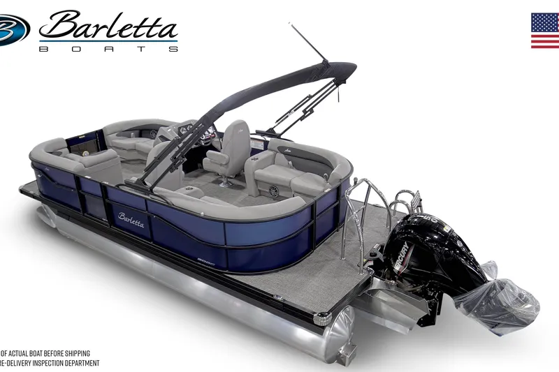 Slide: The Image of 2026 Barletta ARIA 20QC pontoon boat with sleek design and Mercury outboard motor. - 2