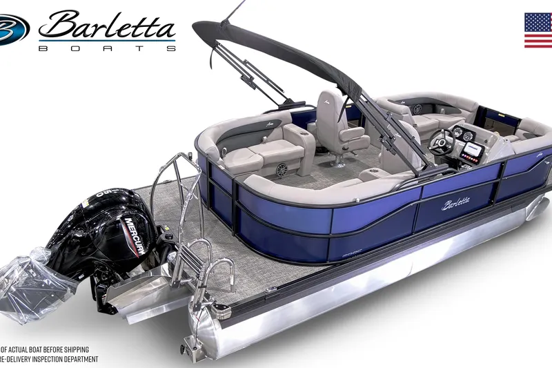 Slide: The Image of 2026 Barletta ARIA 20QC pontoon boat with Mercury engine, luxurious seating, and sleek design. - 4