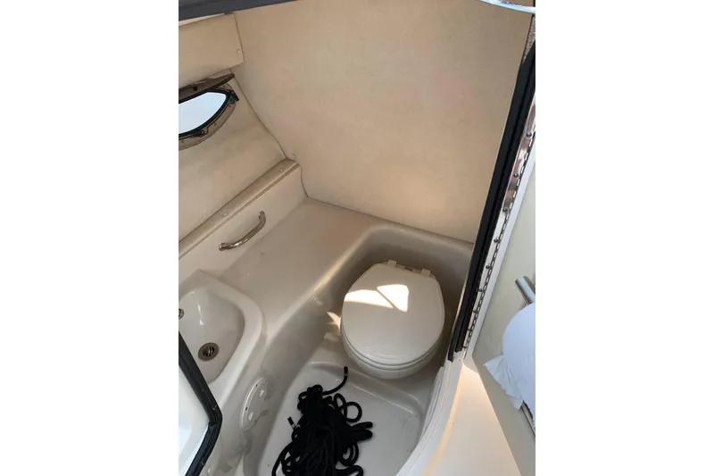 Slide: The Image of Interior of 2010 Sea Ray 300 SLX boat featuring compact bathroom amenities. - 14