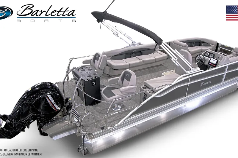 Slide: The Image of 2026 Barletta Aria 22CC pontoon boat with spacious seating and Mercury outboard motor. - 4