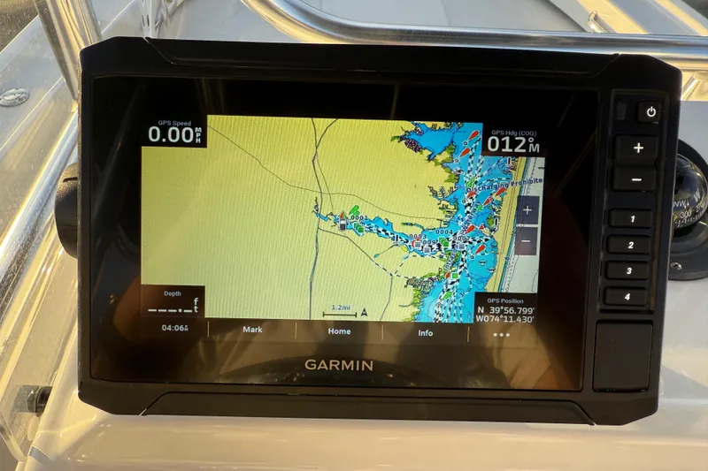 Slide: The Image of Garmin GPS display on 2024 Parker 1801 Center Console boat, showing navigation map. - 30