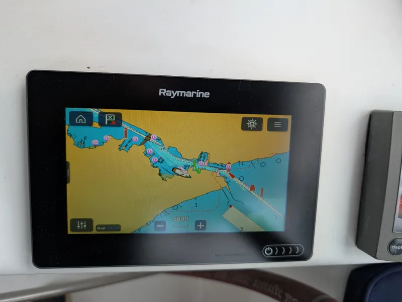 Slide: The Image of Raymarine navigation display on 2003 Beneteau Oceanis 473 sailboat, showing nautical chart. - 46