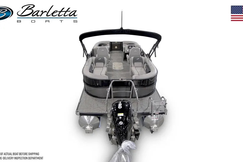 Slide: The Image of 2025 Barletta ARIA 22QC pontoon boat, sleek design, spacious seating, outboard motor. - 4
