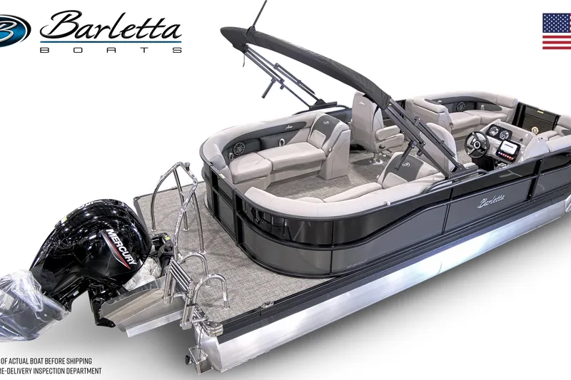 Slide: The Image of 2025 Barletta ARIA 22QC pontoon boat with Mercury engine, luxury seating, and sleek design. - 5