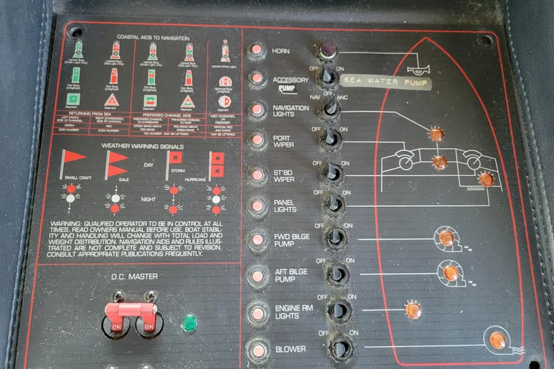 Slide: The Image of Control panel of a 1989 Bayliner 3888 Motoryacht with navigation and warning signals. - 28