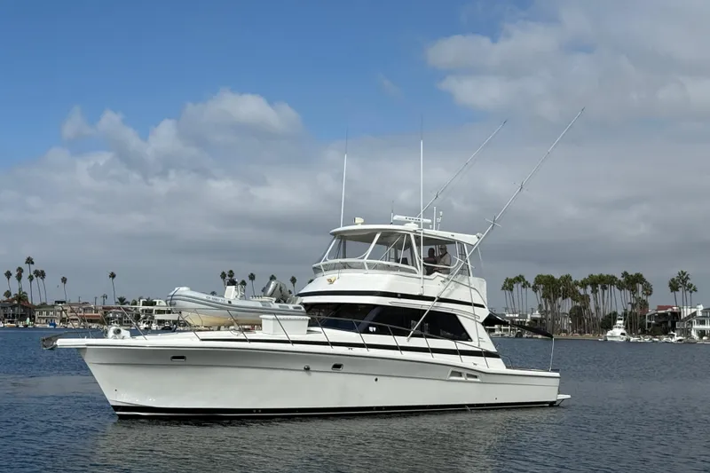 Slide: The Image of 1998 Riviera Convertible yacht on calm water with palm trees in the background. - 46