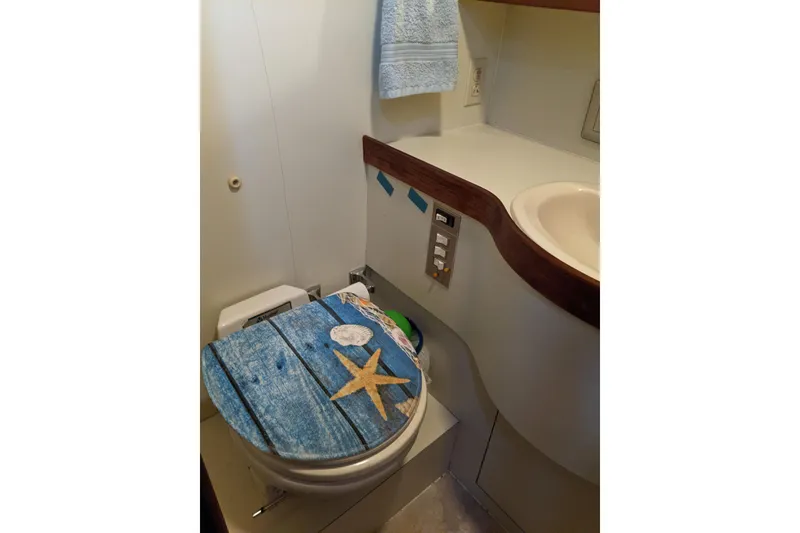 Slide: The Image of 1984 Gulfstar 49 Motor Yacht bathroom with nautical-themed toilet seat and sink. - 62