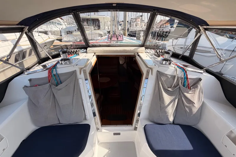Slide: The Image of Cockpit view of 2005 Catalina 42 MkII sailboat, featuring seating and storage. - 33
