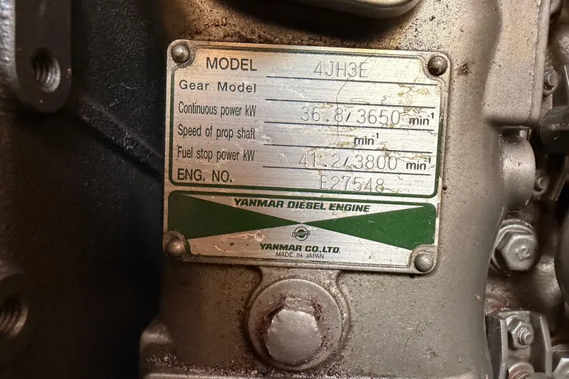 Slide: The Image of Yanmar diesel engine label on Catalina 42 MkII, 2005 model, showing power specifications. - 80