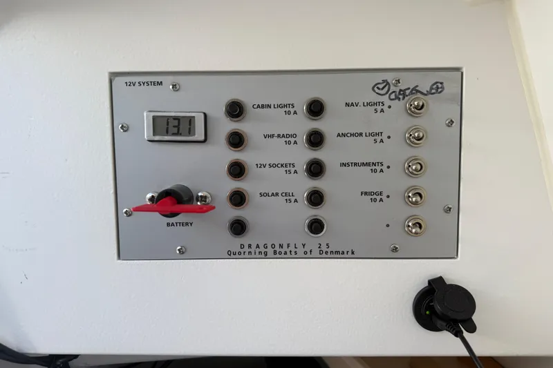 Slide: The Image of Control panel of a 2022 Dragonfly 25 boat, featuring various switches and a digital display. - 26