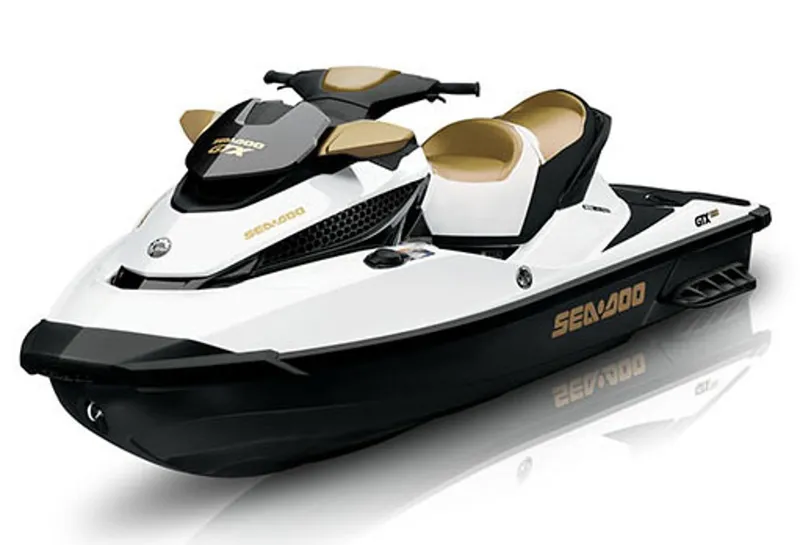 Slide: The Image of Manufacturer Provided Image: 2013 Sea-Doo GTX 215 jet ski, white and gold, side view. - 6