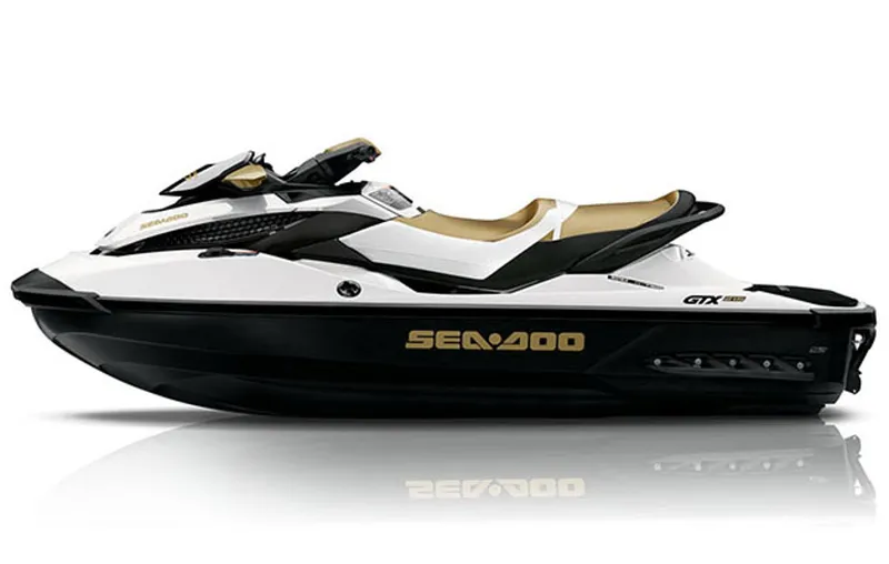 Slide: The Image of Manufacturer Provided Image: 2013 Sea-Doo GTX 215 jet ski, black and white with gold accents. - 9