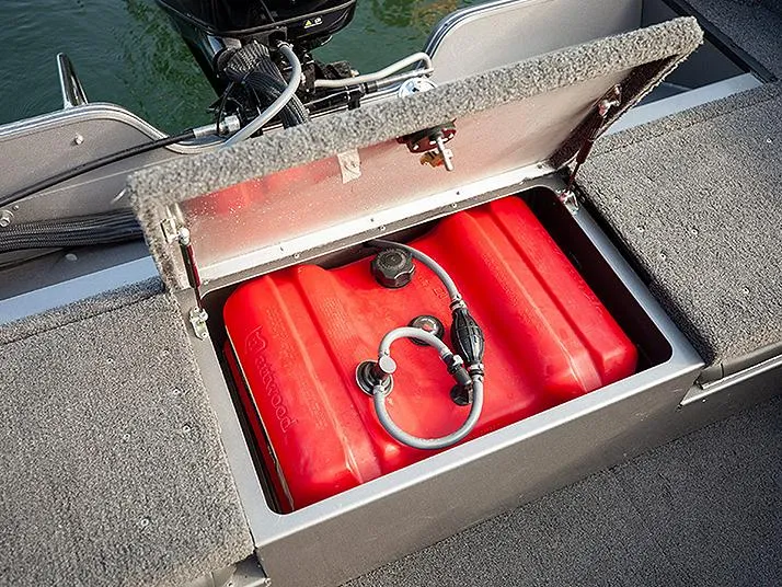 Slide: The Image of Manufacturer Provided Image: Red fuel tank in Lowe Fishing Machine 1625 WT boat, 2025 model. - 4