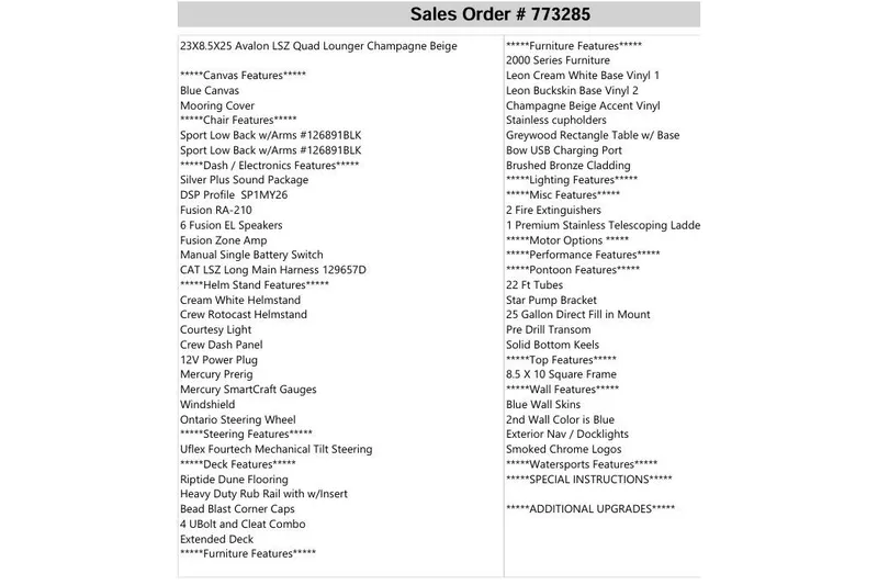 Slide: The Image of 2026 Avalon LSZ Quad Lounger sales order with detailed features and specifications list. - 14