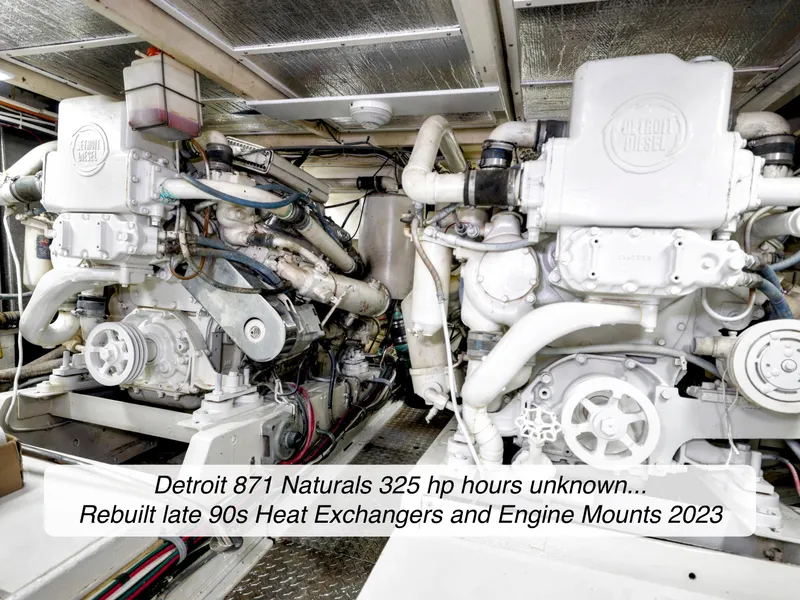 Slide: The Image of Engine room of 1968 Stephens Motor Yacht with Detroit 871 Naturals, rebuilt heat exchangers, and engine mounts. - 48