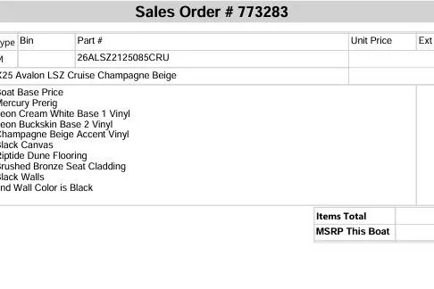 Slide: The Image of Sales order for 2025 Avalon LSZ Cruise, Champagne Beige, with detailed specifications and pricing. - 16