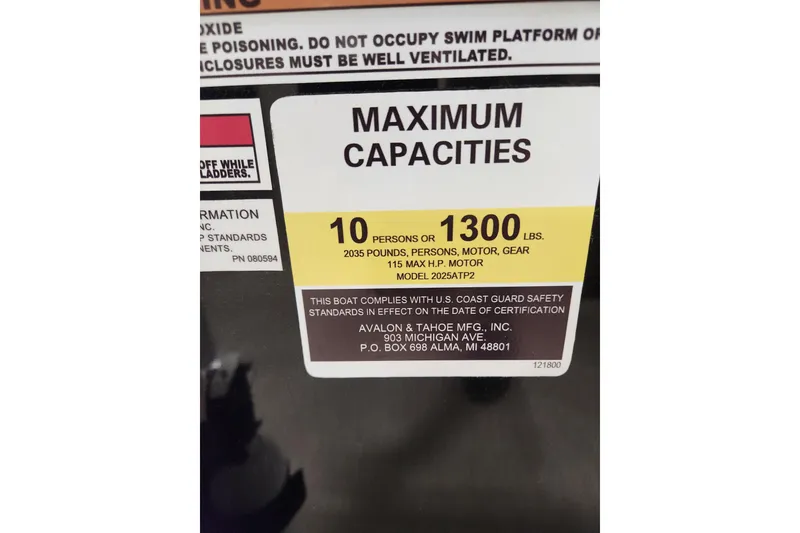 Slide: The Image of 2025 Avalon LSZ Cruise boat capacity label: 10 persons or 1300 lbs, 115 max HP motor. - 8