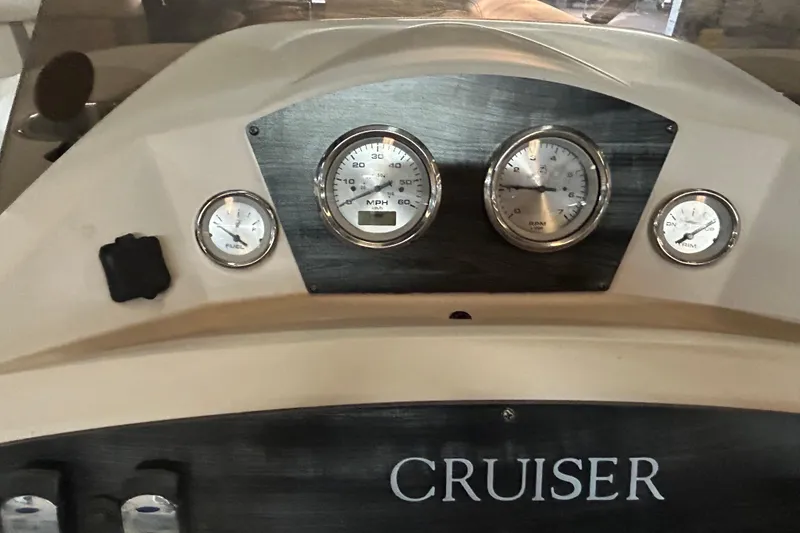 Slide: The Image of 2019 Harris CRUIZER 230 Salt Edition engine close-up in a workshop setting. - 15