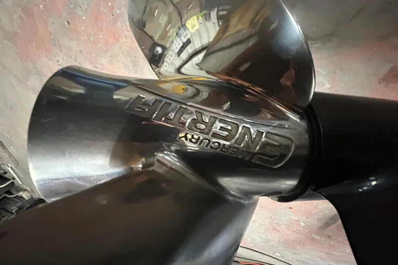 Slide: The Image of 2019 Harris CRUIZER 230 SALT EDITION pontoon boat underside view with ladder. - 30