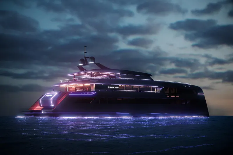 Slide: The Image of Futuristic 2026 Sunreef 49M Power yacht illuminated at dusk on the ocean. - 2