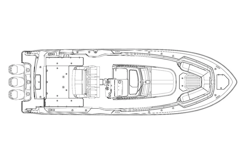 Slide: The Image of Top view schematic of a 2019 Boston Whaler 380 Outrage boat layout. - 27