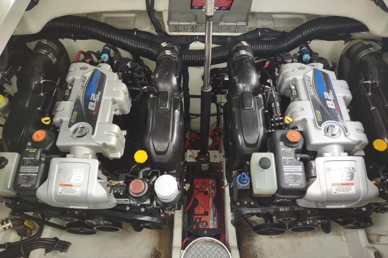 Slide: The Image of Twin engines in a 2015 Formula 37 Performance Cruiser boat engine compartment. - 35