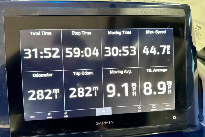 Slide: The Image of Garmin display showing trip data for 2024 Pursuit DC 246 Dual Console boat. - 18