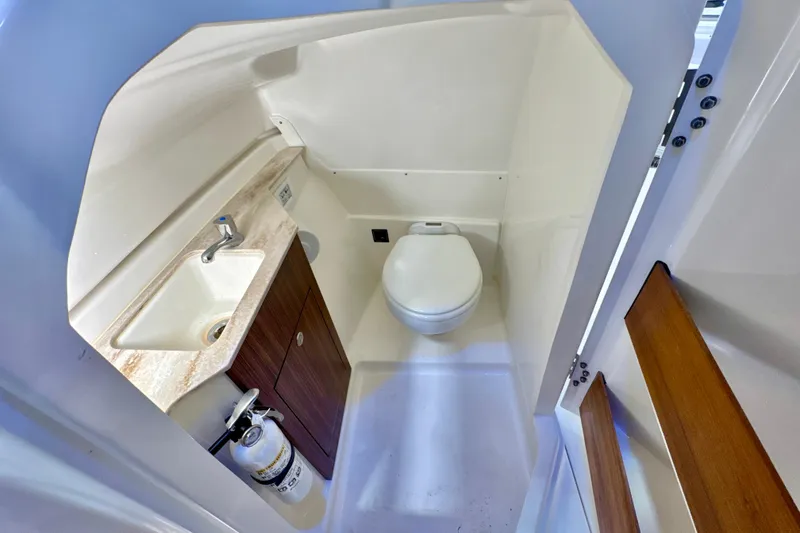 Slide: The Image of 2024 Pursuit DC 246 Dual Console boat interior with sink and toilet. - 21