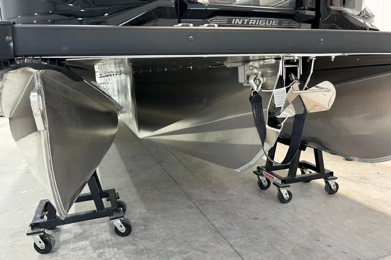 Slide: The Image of 2026 Premier 230 Intrigue GT RLO pontoon boat hull and propeller detail. - 32