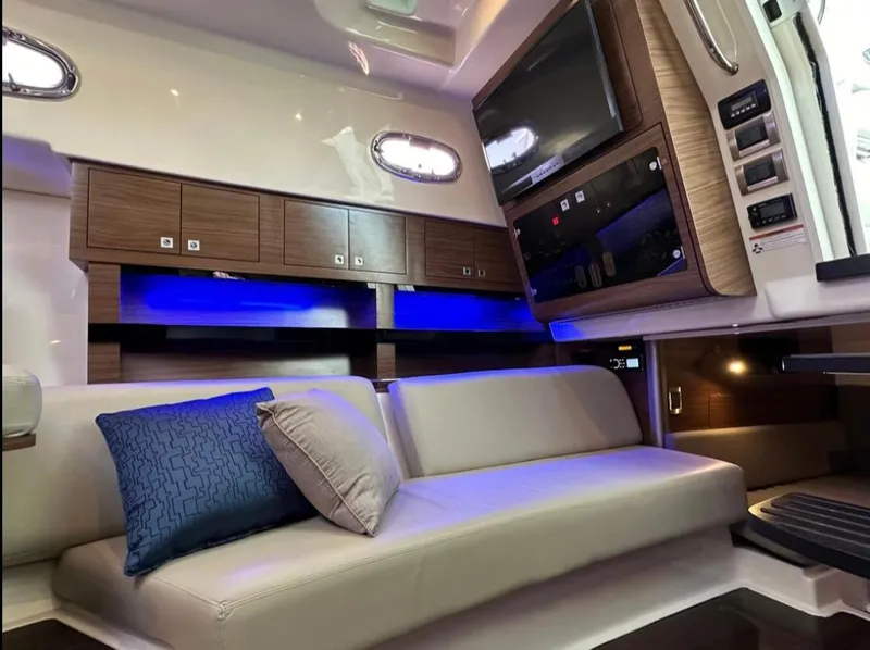 Slide: The Image of Luxurious interior of 2019 Boston Whaler 345 Conquest with modern seating and ambient lighting. - 21