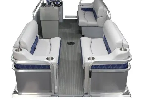 Slide: The Image of 2025 Pond-Tini Series 12 pontoon boat interior with gray seating and blue accents. - 11