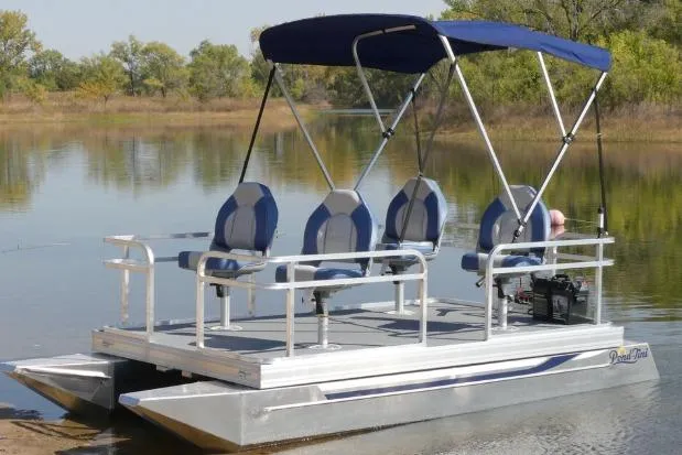 Slide: The Image of Pond-Tini Series 12 pontoon boat with canopy, 2025 model, on a serene lake. - 7