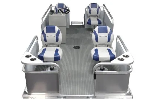 Slide: The Image of 2025 Pond-Tini Series 12 pontoon boat with blue and white seating, modern design. - 8