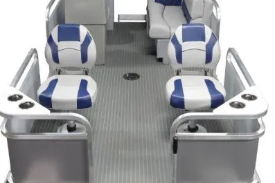 Slide: The Image of 2025 Pond-Tini Series 12 pontoon boat interior with blue and white seating. - 9