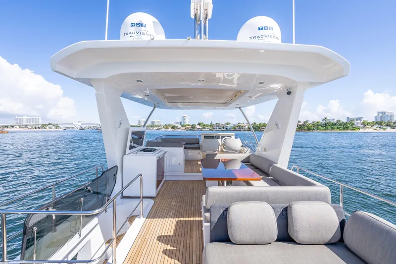 Slide: The Image of Luxurious 2019 Azimut 66 yacht with spacious deck, elegant seating, and scenic ocean view. - 37
