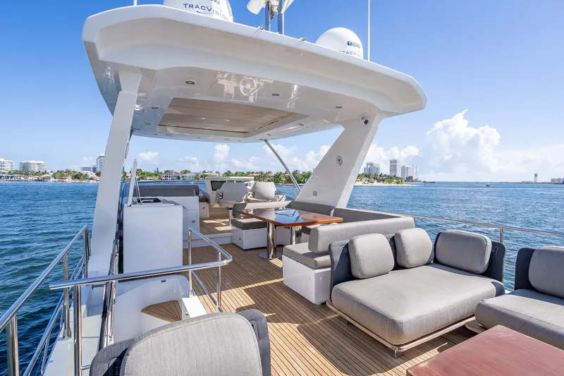 Slide: The Image of Luxurious 2019 Azimut 66 yacht deck with modern seating and ocean view. - 39