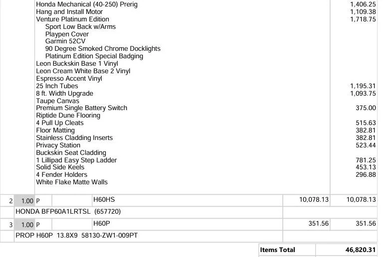 Slide: The Image of 2025 Avalon VENTURE CRUISE invoice detailing features, upgrades, and pricing totaling $46,820.31. - 7