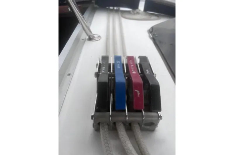 Slide: The Image of Close-up of rope clutches on a 1996 Hunter 37.5 Legend sailboat. - 19