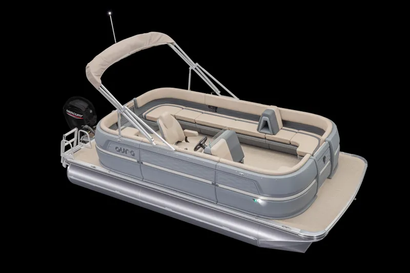 Slide: The Image of 2026 Avalon Aura Quad Lounge pontoon boat with sleek design and comfortable seating. - 14