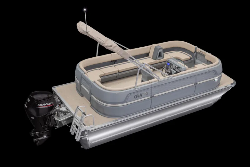 Slide: The Image of 2026 Avalon Aura Quad Lounge pontoon boat with Mercury outboard motor, featuring spacious seating. - 15