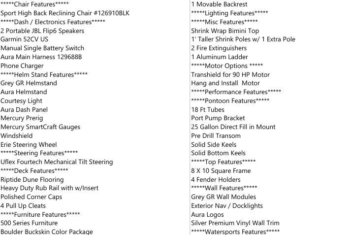 Slide: The Image of Features list for 2026 Avalon Aura Quad Lounge pontoon boat, including seating, electronics, and performance. - 16