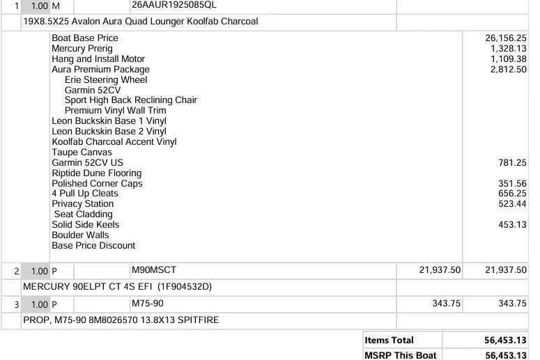 Slide: The Image of 2026 Avalon Aura Quad Lounge boat invoice detailing features and pricing, totaling $56,453.13. - 17