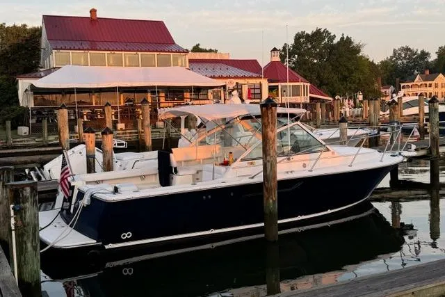 The Image of 2002 Tiara Yachts 2900 Coronet docked at a scenic marina during sunset. - 0