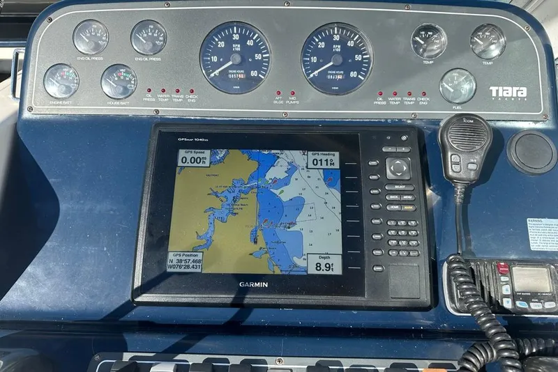 Slide: The Image of Dashboard of 2002 Tiara Yachts 2900 Coronet with Garmin GPS and gauges. - 12