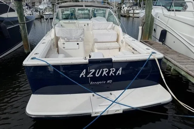 Slide: The Image of 2002 Tiara Yachts 2900 Coronet docked, named "AZURRA," in Annapolis, MD marina. - 7