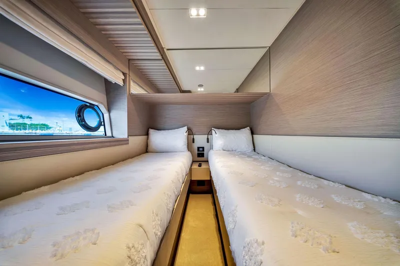 Slide: The Image of Luxurious twin cabin interior of 2022 Ferretti Yachts 670 with modern design. - 55