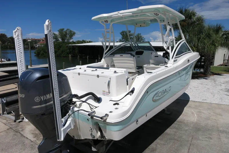 Slide: The Image of 2021 Robalo R247 Dual Console boat with Yamaha engine, docked near water. - 10