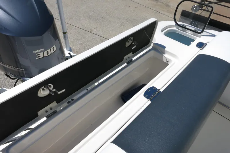 Slide: The Image of 2021 Robalo R247 Dual Console boat with Yamaha 300 engine, open storage compartment. - 44