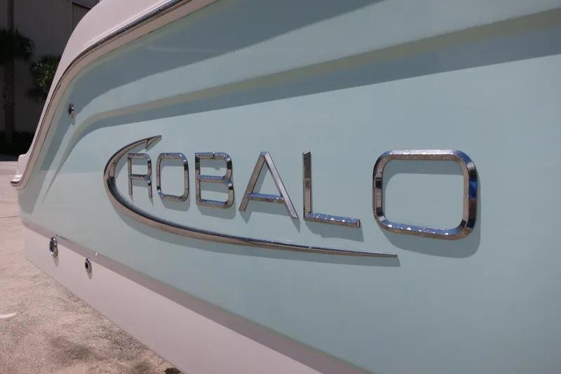 Slide: The Image of 2021 Robalo R247 Dual Console boat logo on light blue hull. - 9