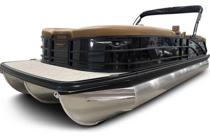 Slide: The Image of 2026 Bennington 26 MFBSF pontoon boat, sleek black design with tan seating. - 3